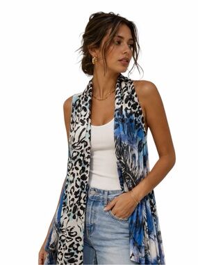 Adore Blue, White & Black Animal Print Longline Duster Vest